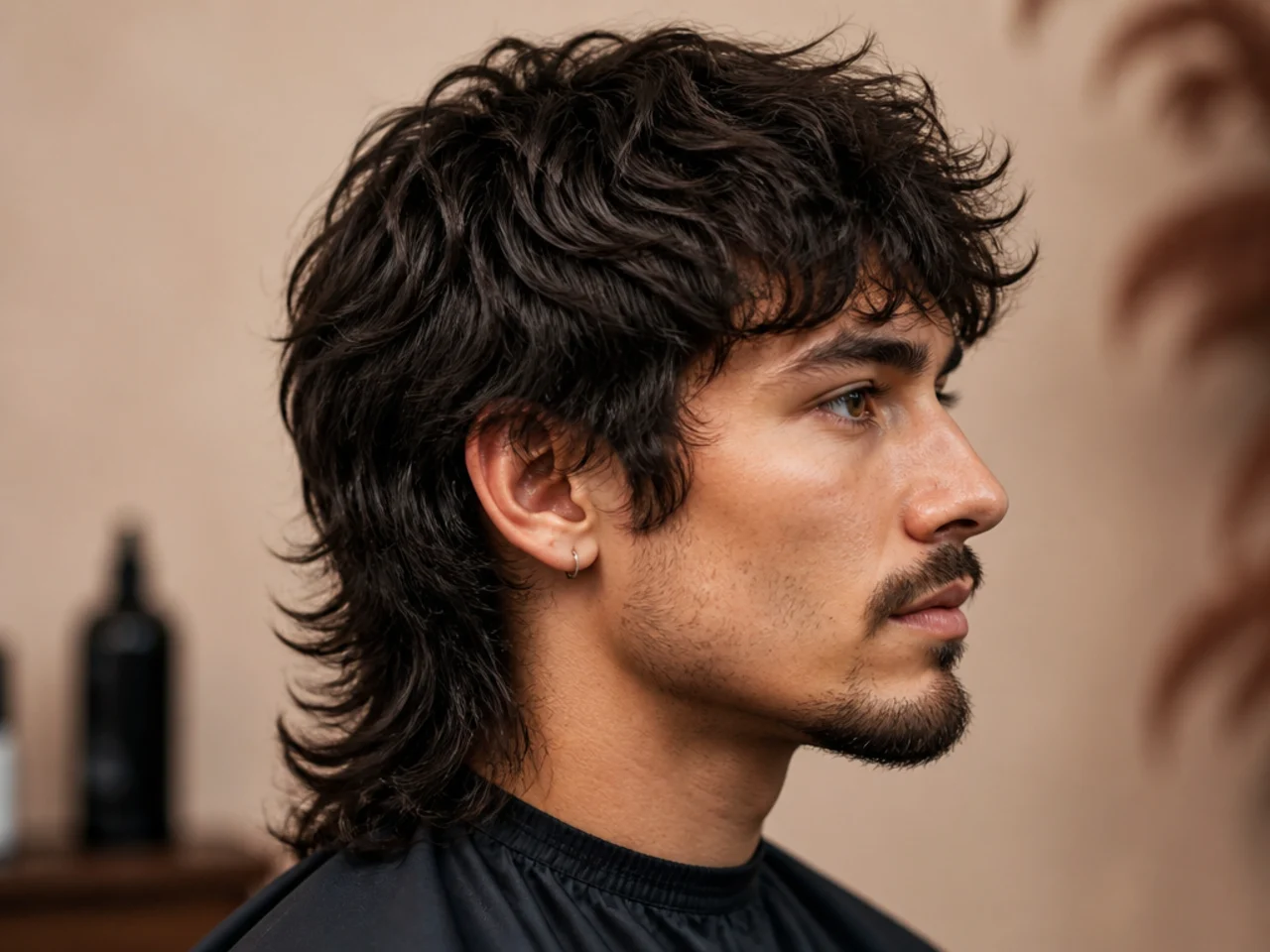 Side profile diagram of a wolf cut mullet showing layered crown volume face-framing and elongated feathered nape