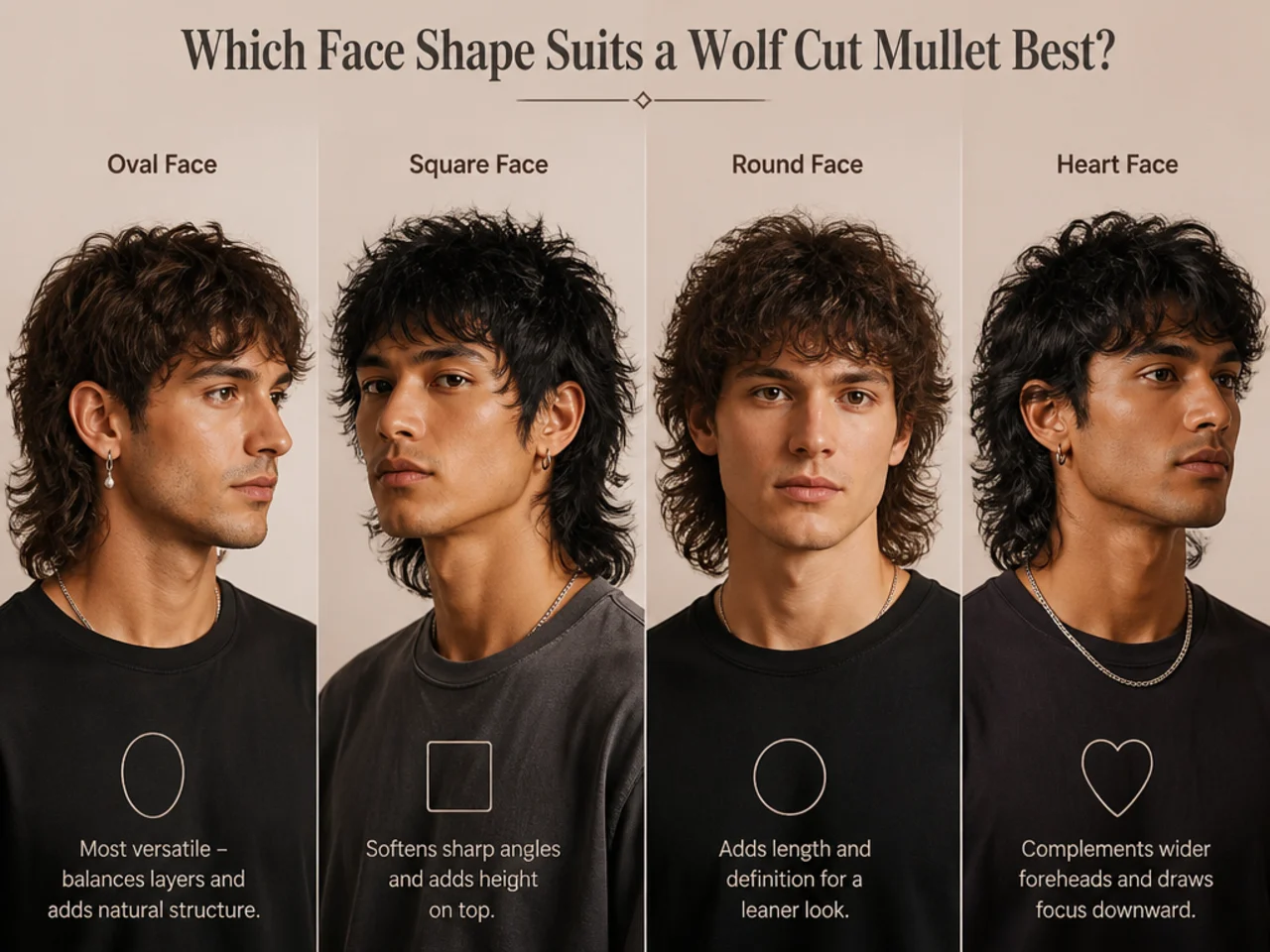 Diagram of face shapes with matched wolf cut mullet variations