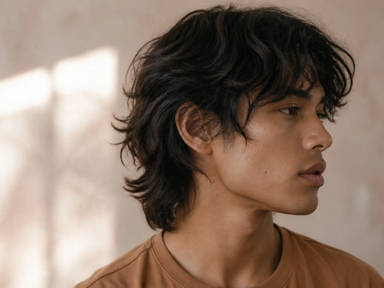 A wavy wolf cut mullet with natural separation