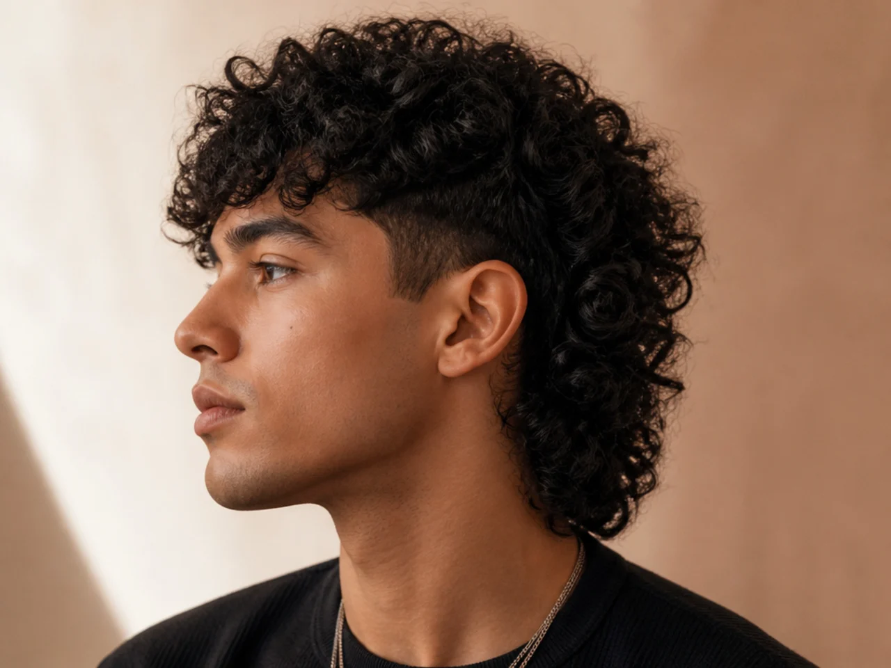 A coily wolf cut mullet with tapered sides