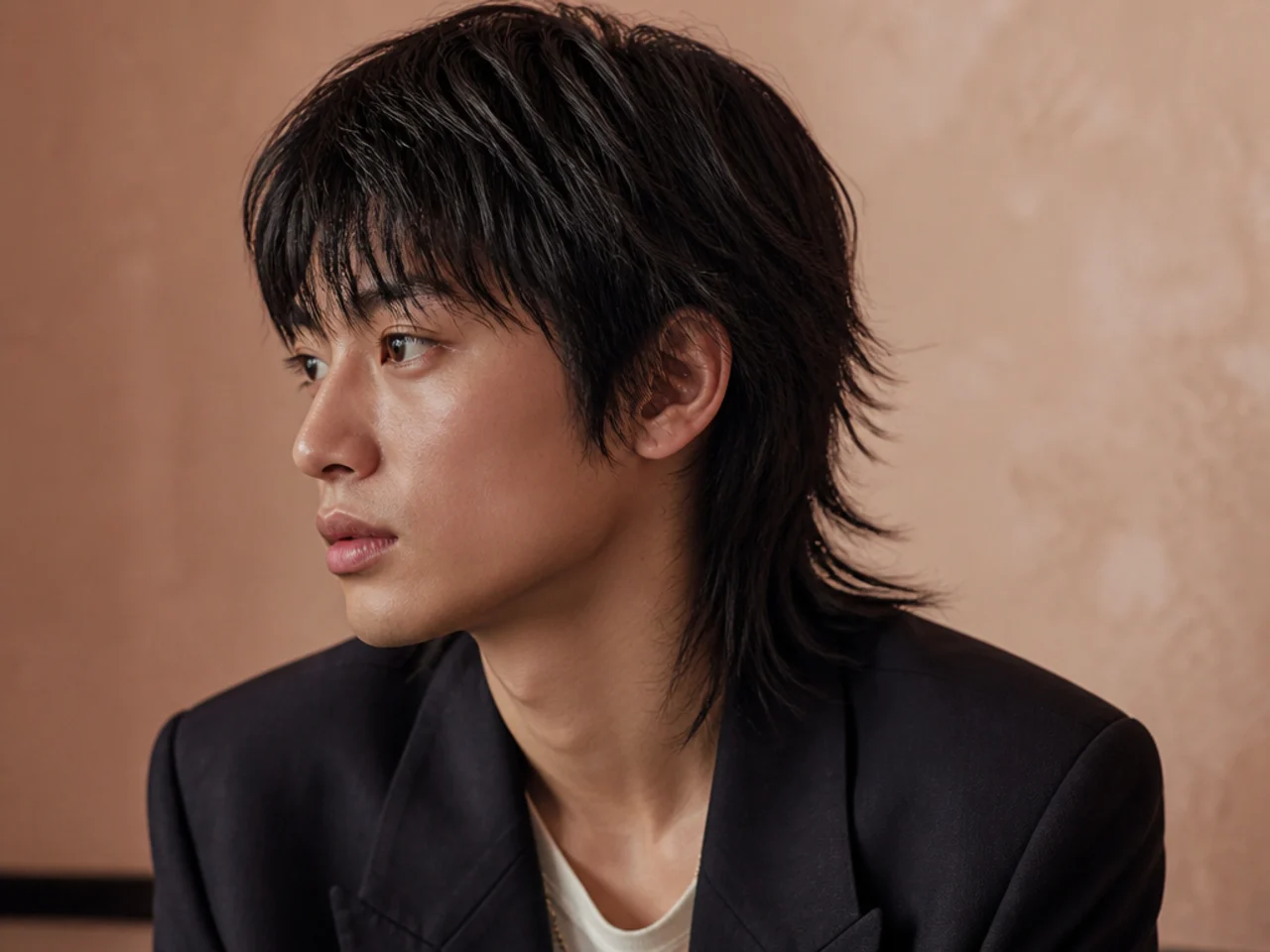 A straight hair wolf cut mullet with deep point cut layers