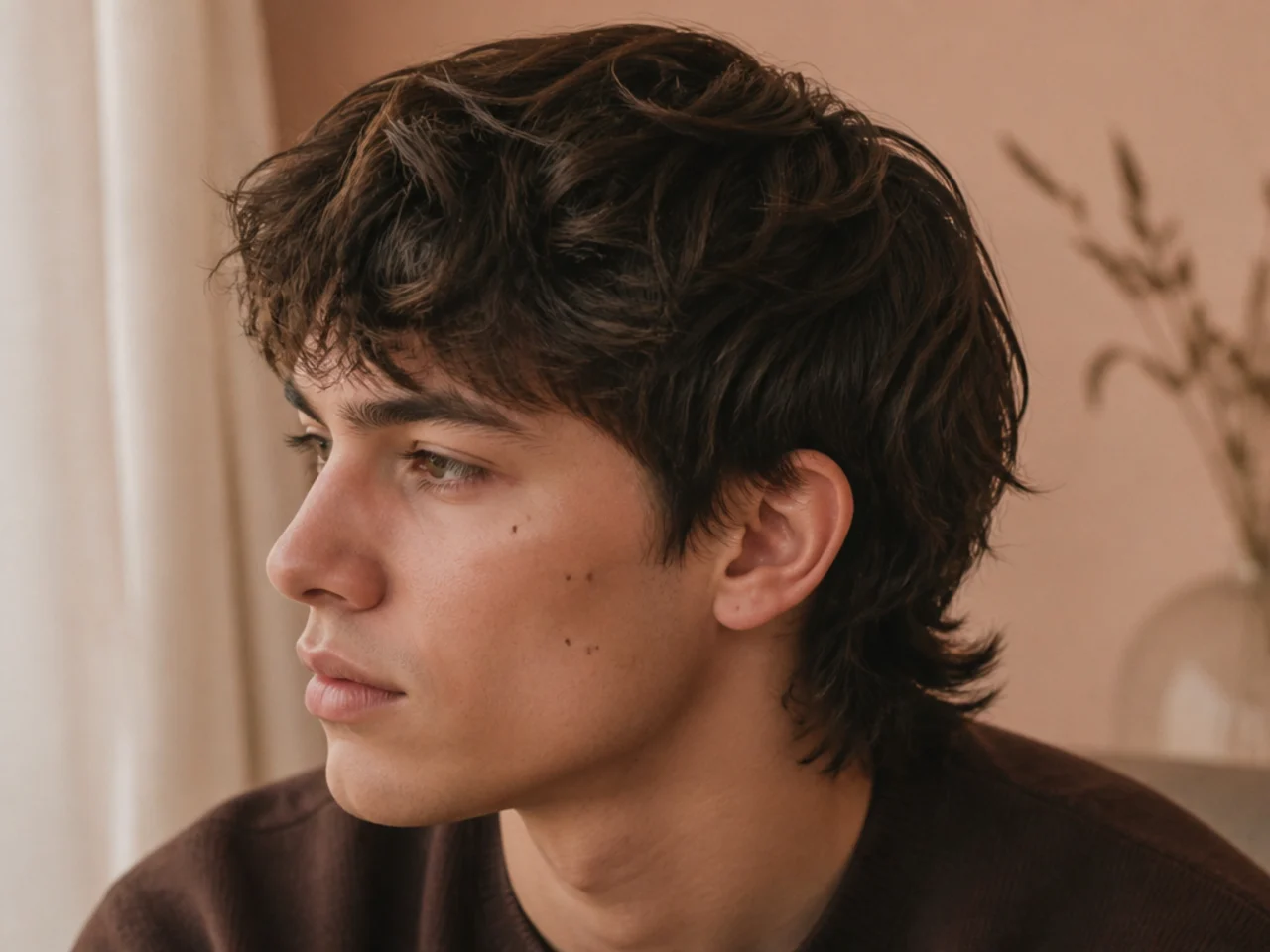 A short wolf cut mullet finishing at the nape
