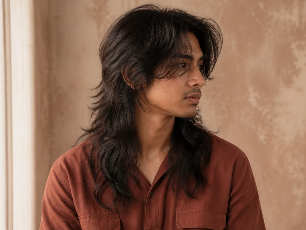 A long wolf cut mullet layered down the full length