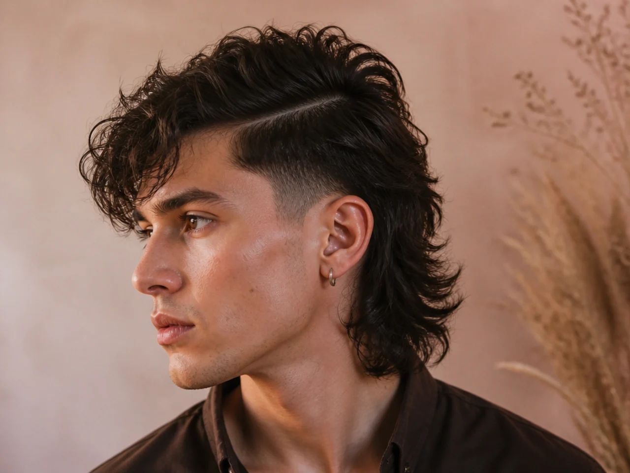 A wolf cut mullet with a hard part cut into the side