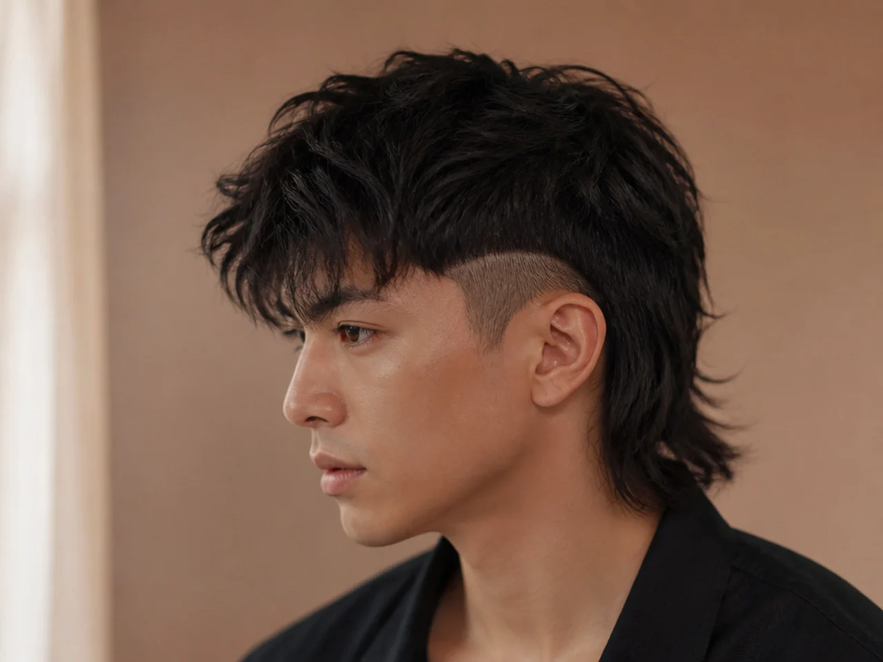 A disconnected wolf cut mullet with a hard gap at the sides