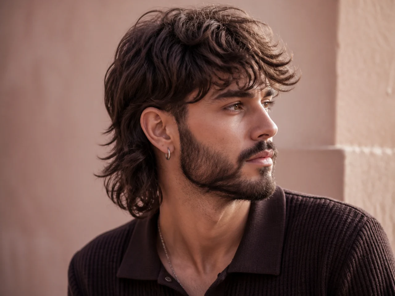 A wolf cut mullet blended into a beard