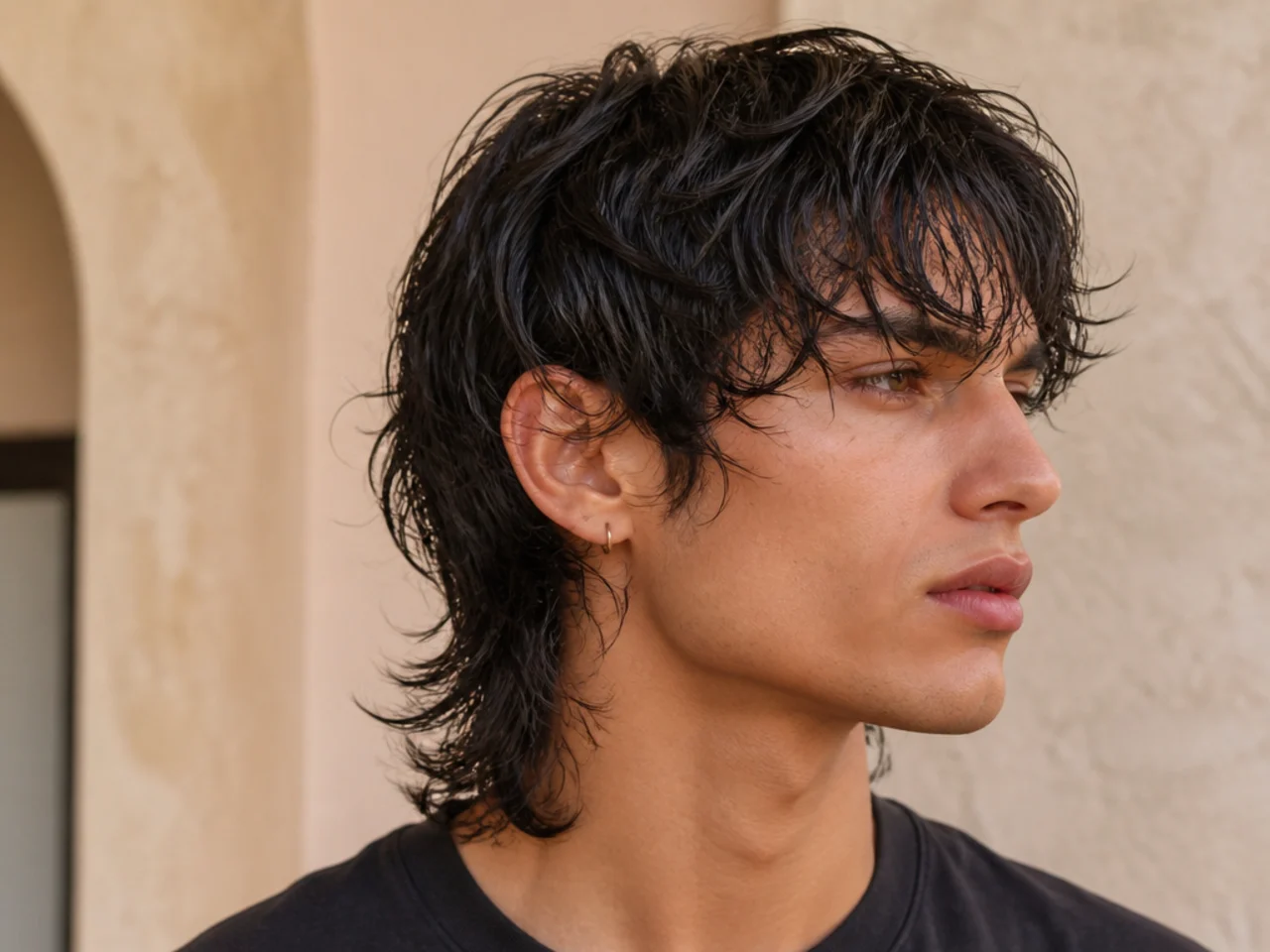 A wolf cut mullet styled with a wet look finish
