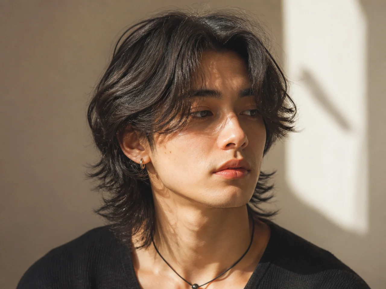 A wolf cut mullet with a middle parting