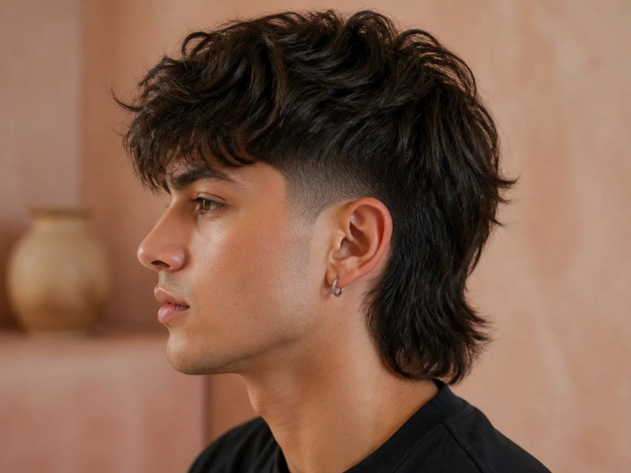 A wolf cut mullet with a low fade at the sides