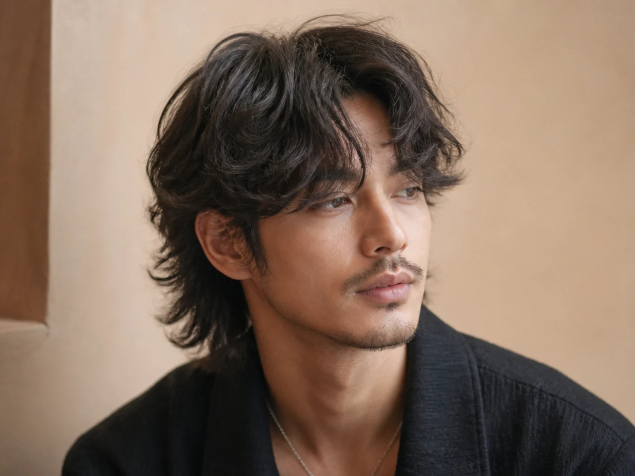 A wolf cut mullet with a curtain fringe at the front