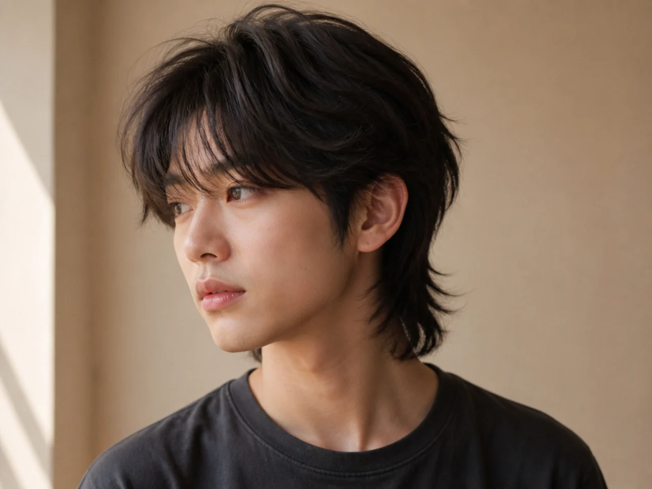 A Korean style wolf cut mullet with rounded crown volume