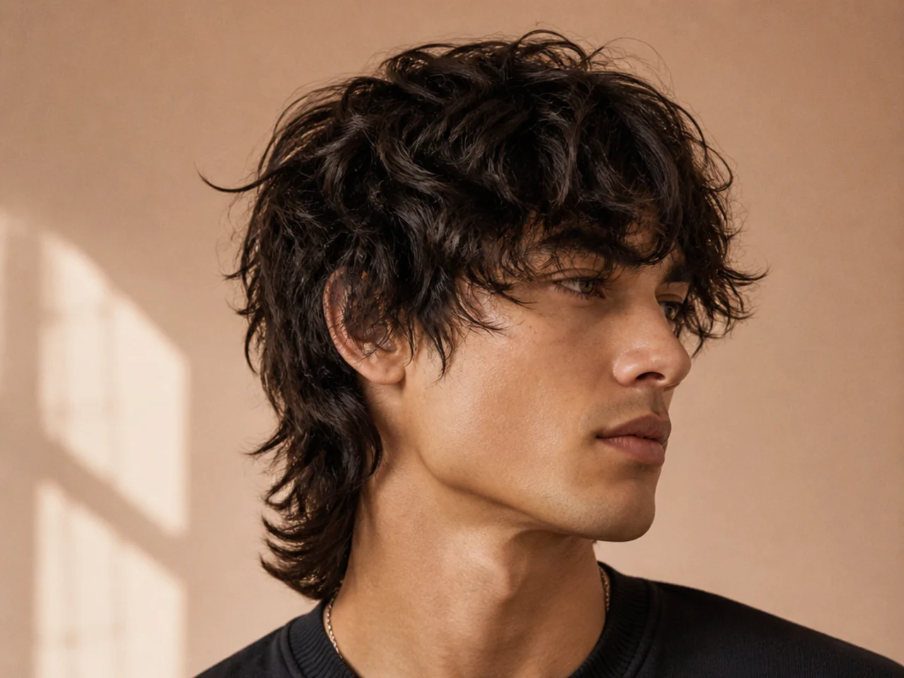 A wolf cut mullet with a long shaggy fringe
