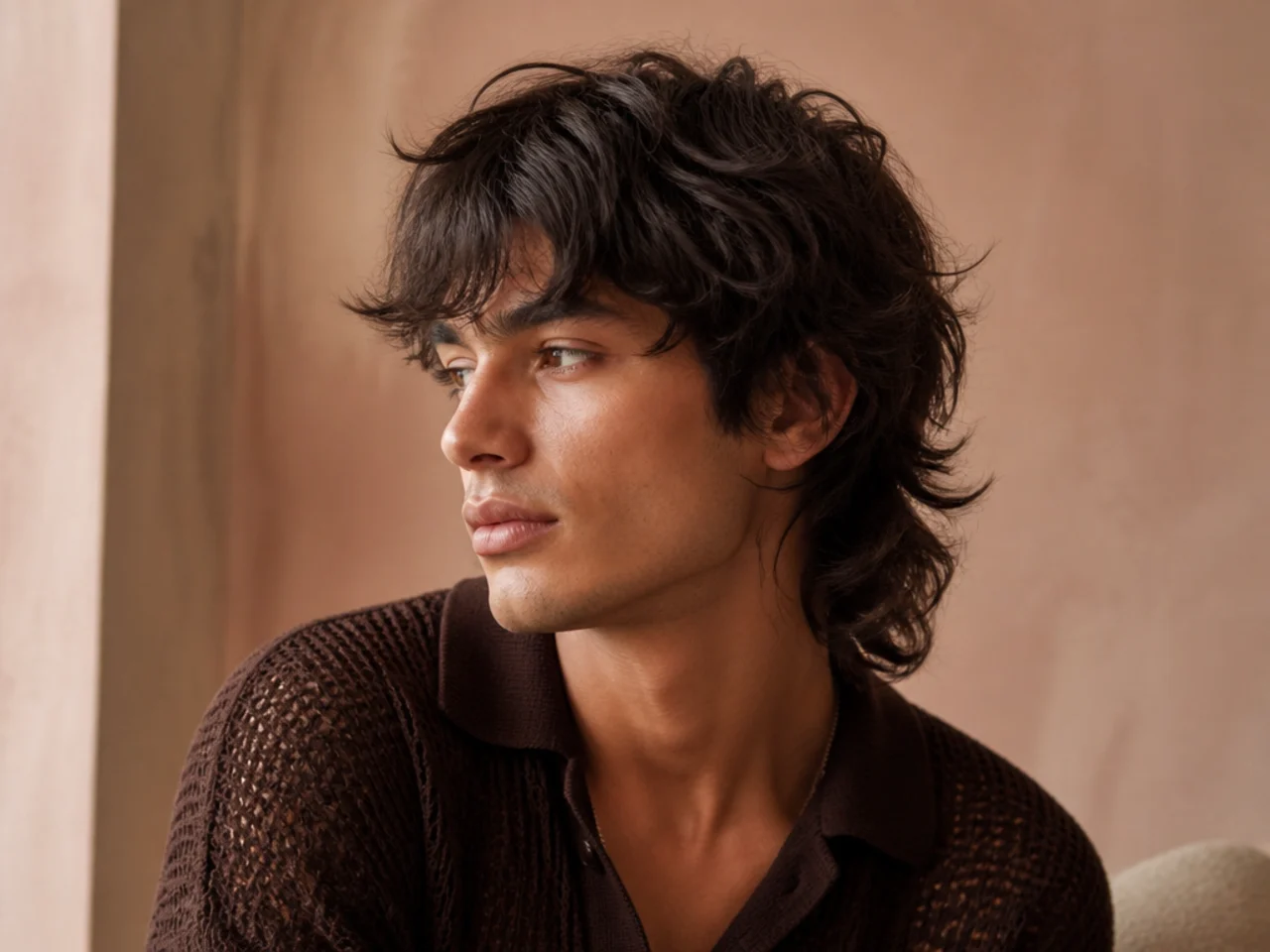 Three quarter view of a wolf cut mullet hybrid