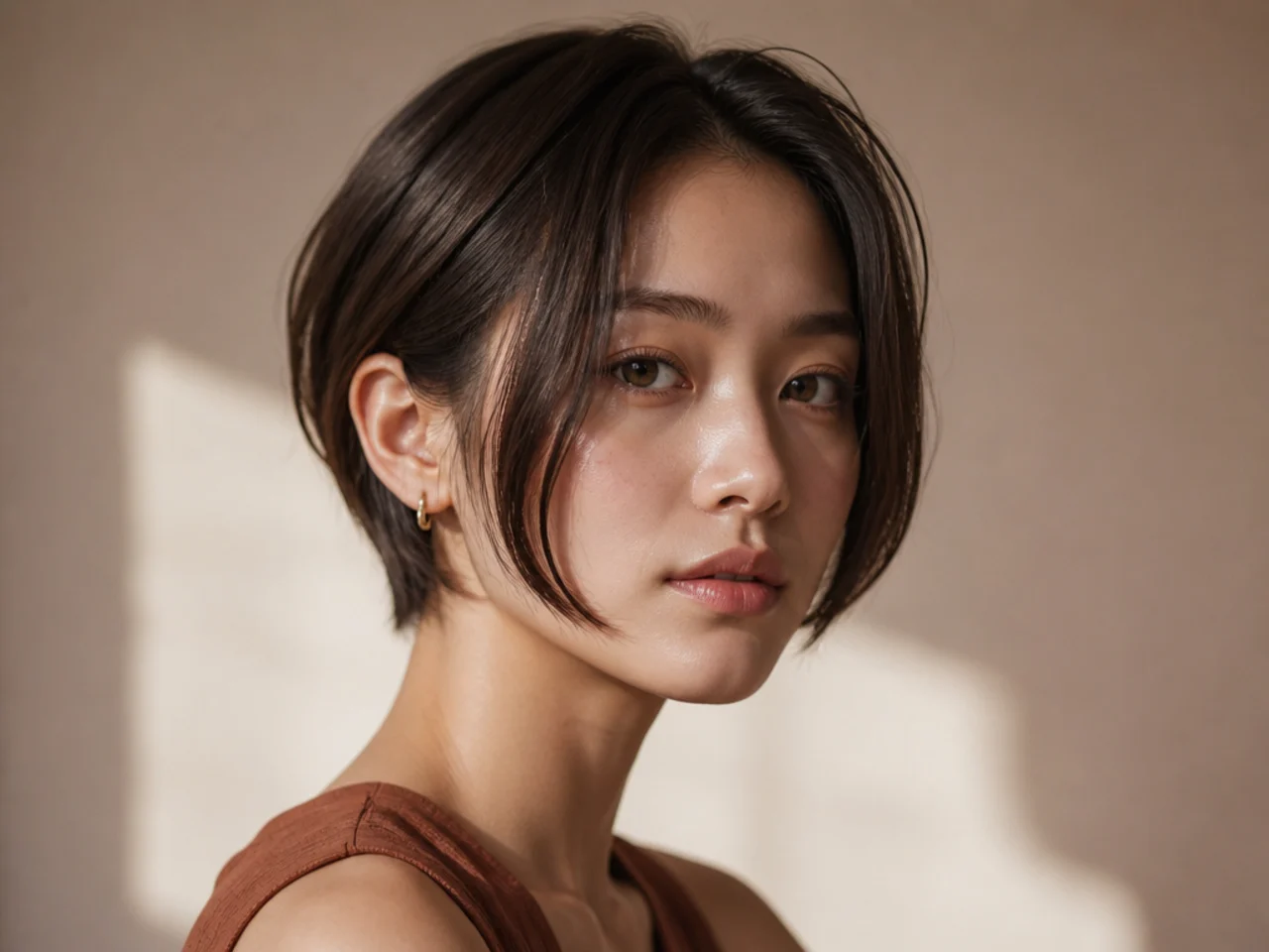 Short layered hair tucked behind both ears with the ends falling forward at the jaw