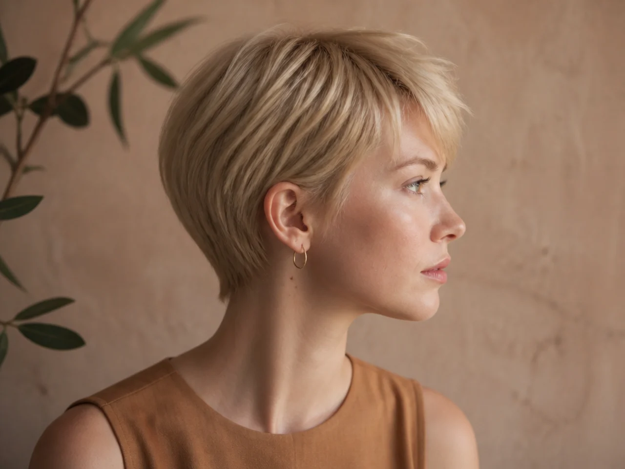 Fine blonde hair in a short cut with a solid edge and light movement at the crown