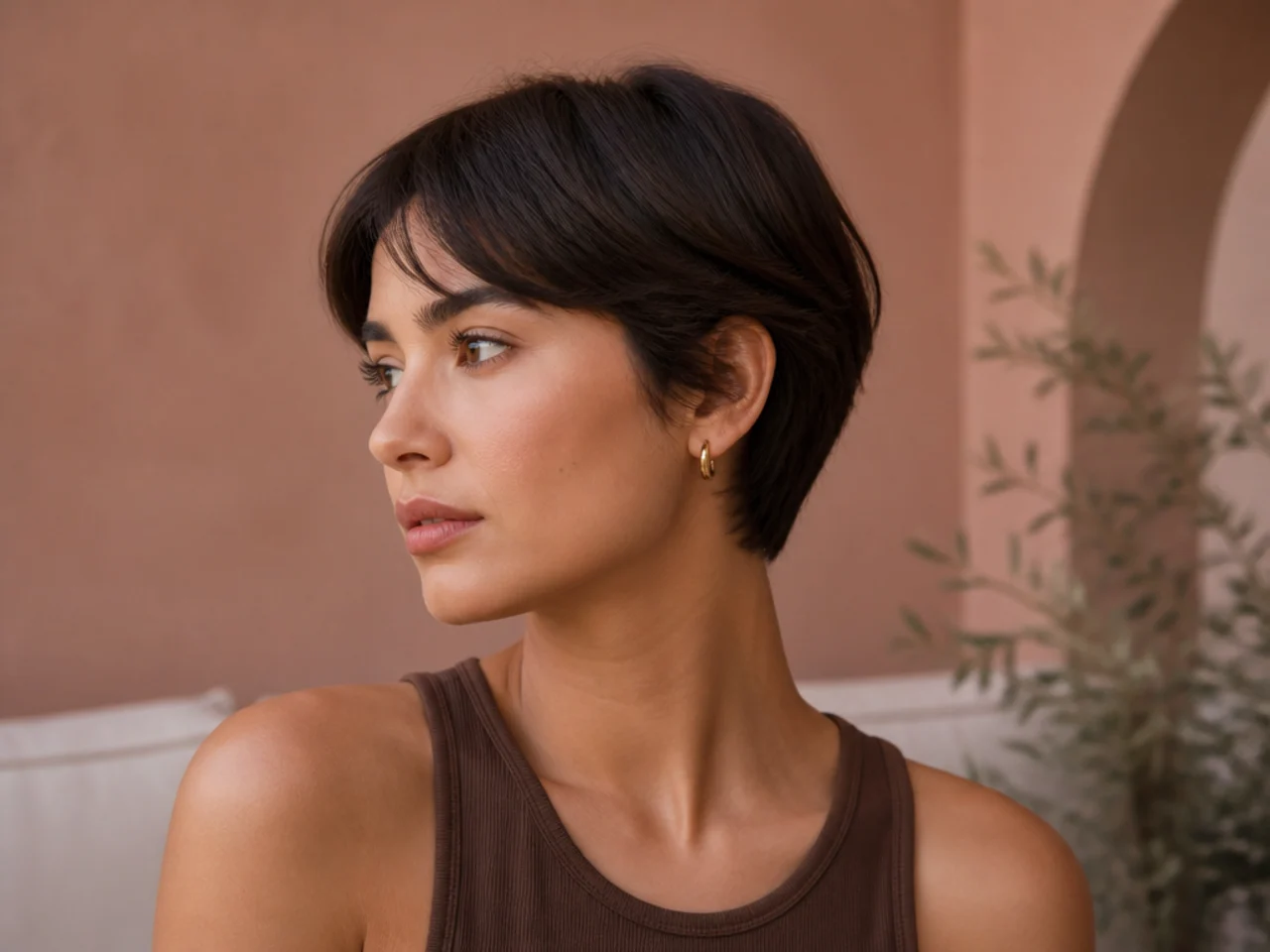 Thick dark hair cut short with a narrow silhouette and no bulk at the ends