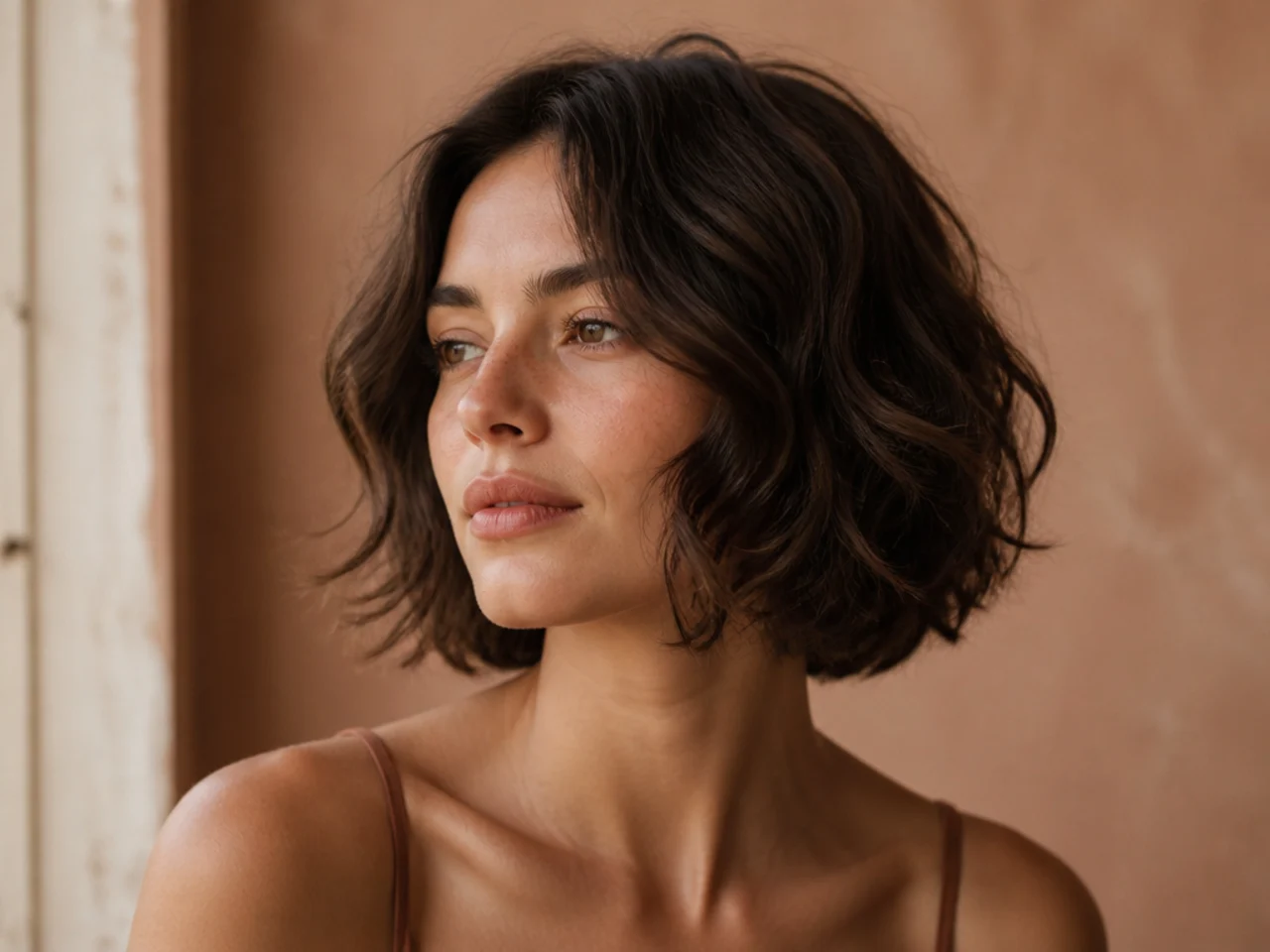 Natural waves in a jaw length layered cut with soft undone texture