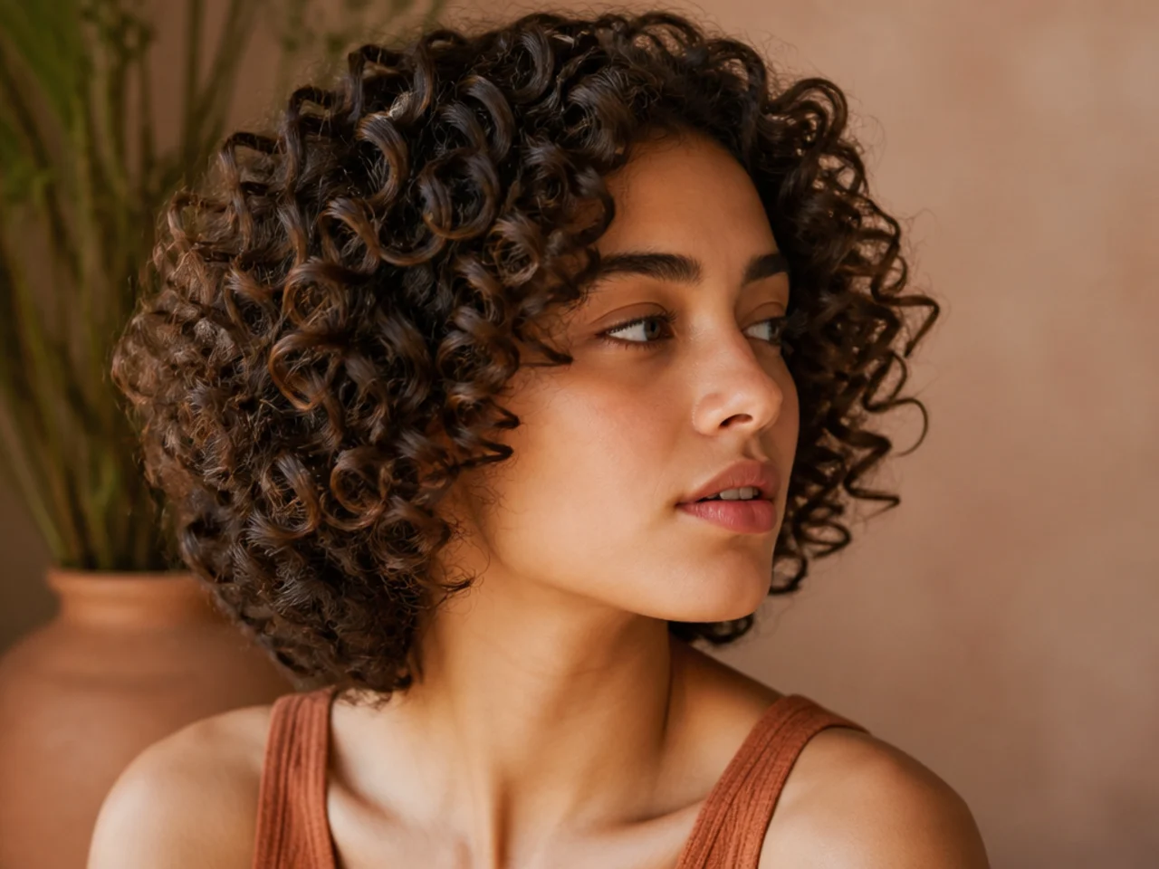 Springy defined curls in a short rounded layered shape with no fringe