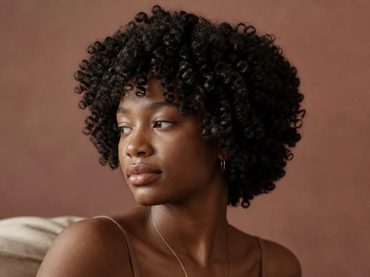 Dense coily hair shaped into short rounded tiers framing the face