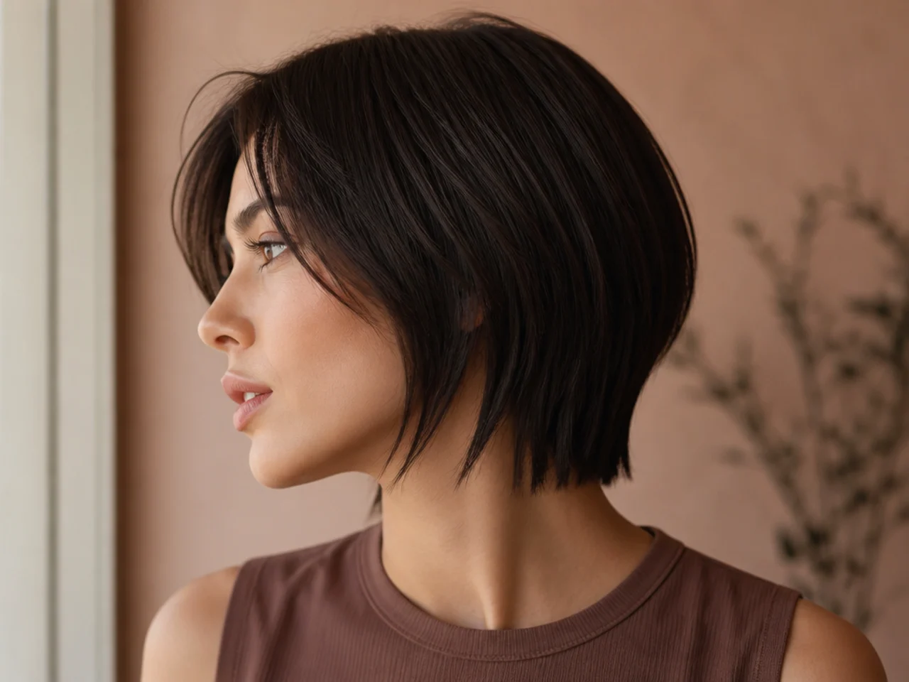 Sleek straight hair in a short layered cut with clearly graduated steps
