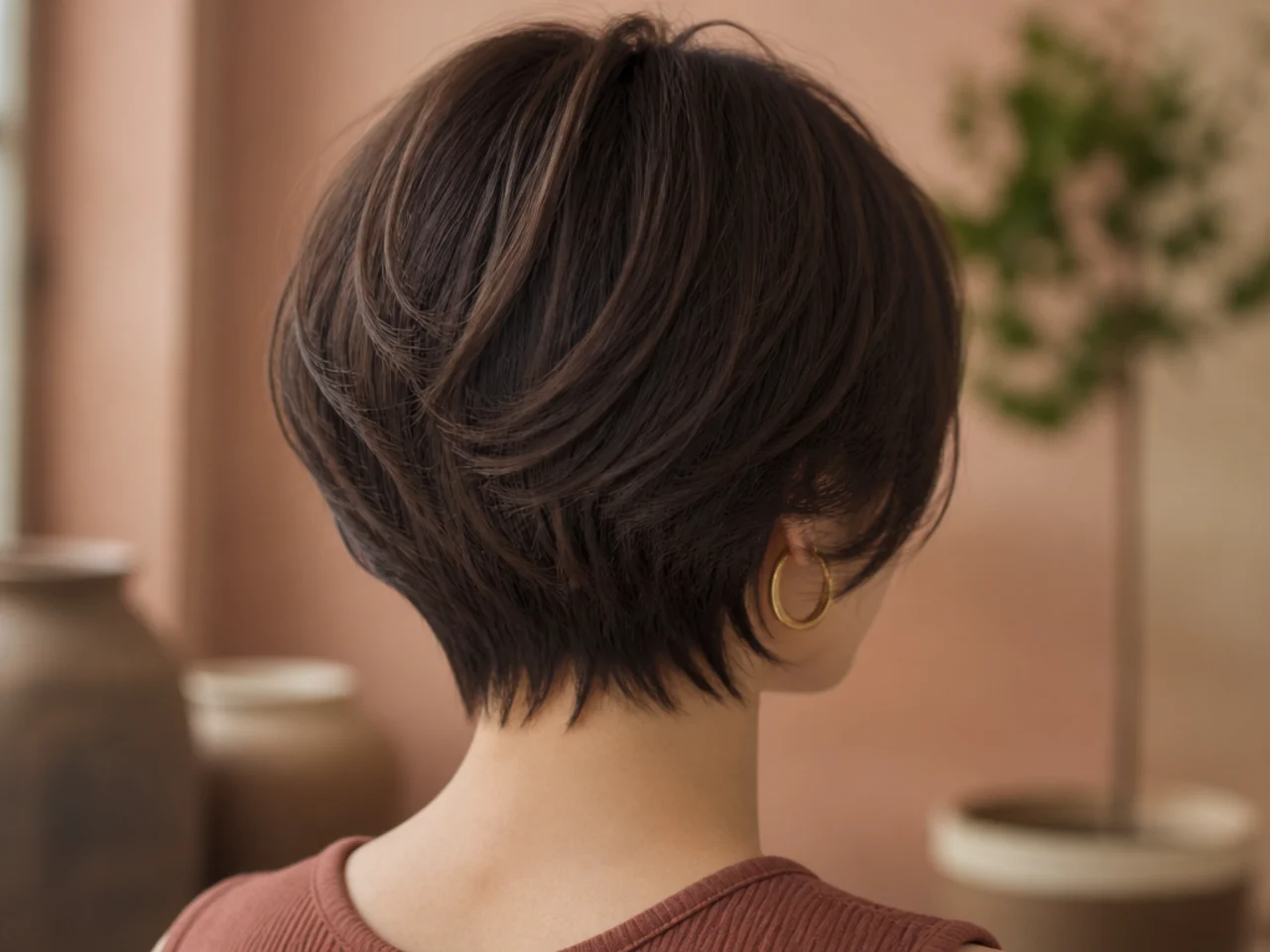 Rear view of a short cut with stacked graduated layers building a rounded back