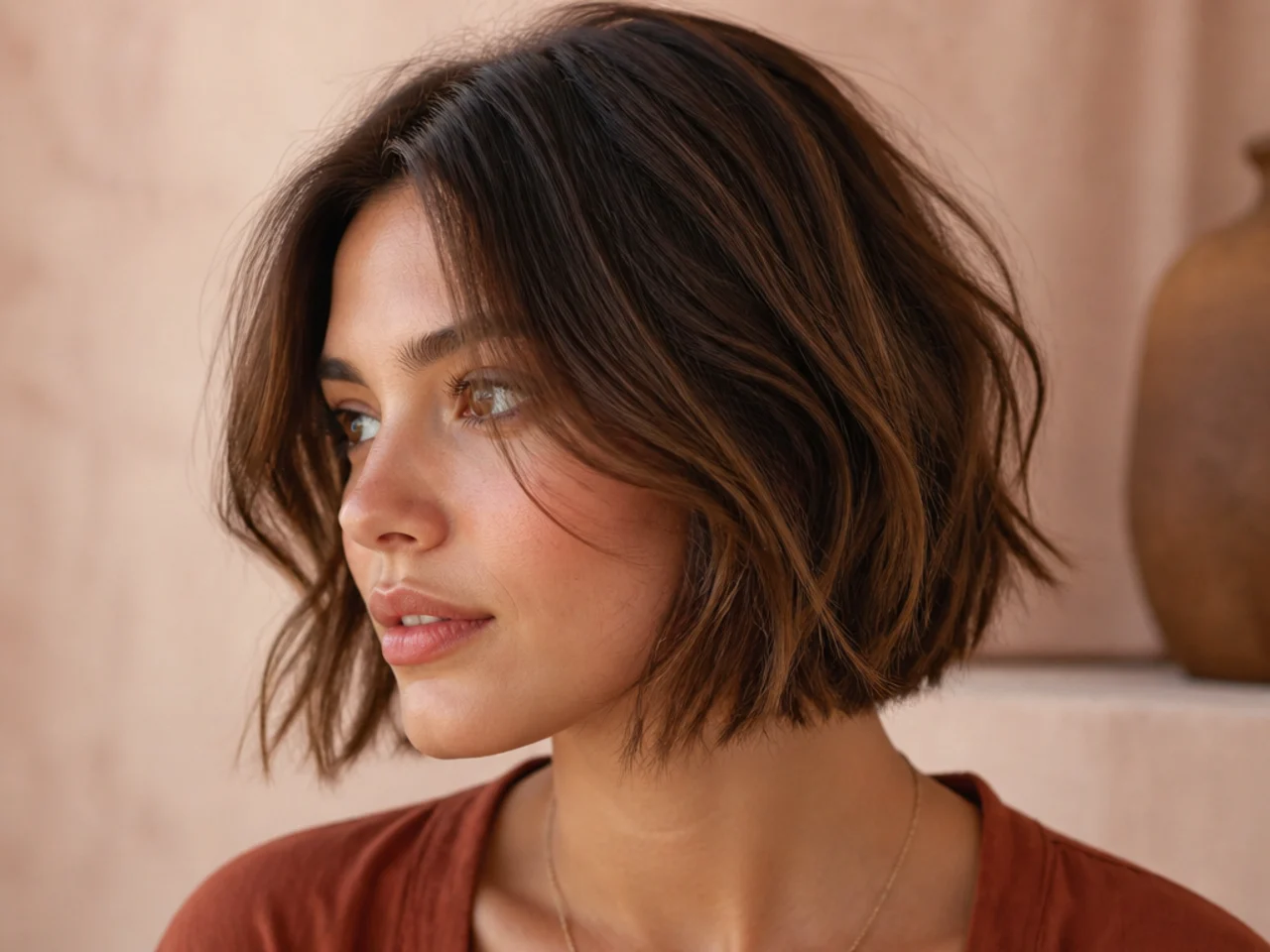 Layered hair finishing level with the jaw, no fringe, textured through the top