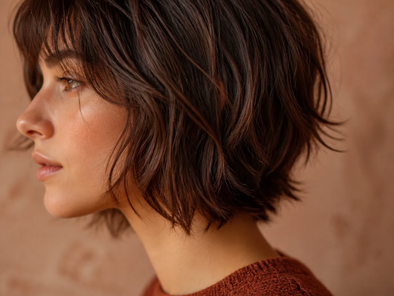 Close view of notched softened hair ends on a short layered cut