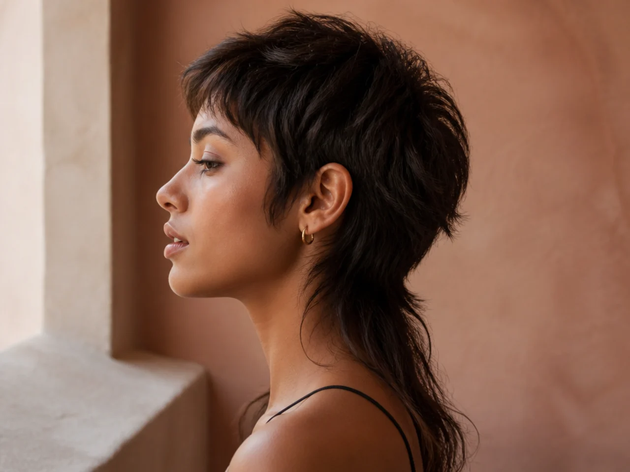Short layered sides and crown with a longer tail of hair at the nape