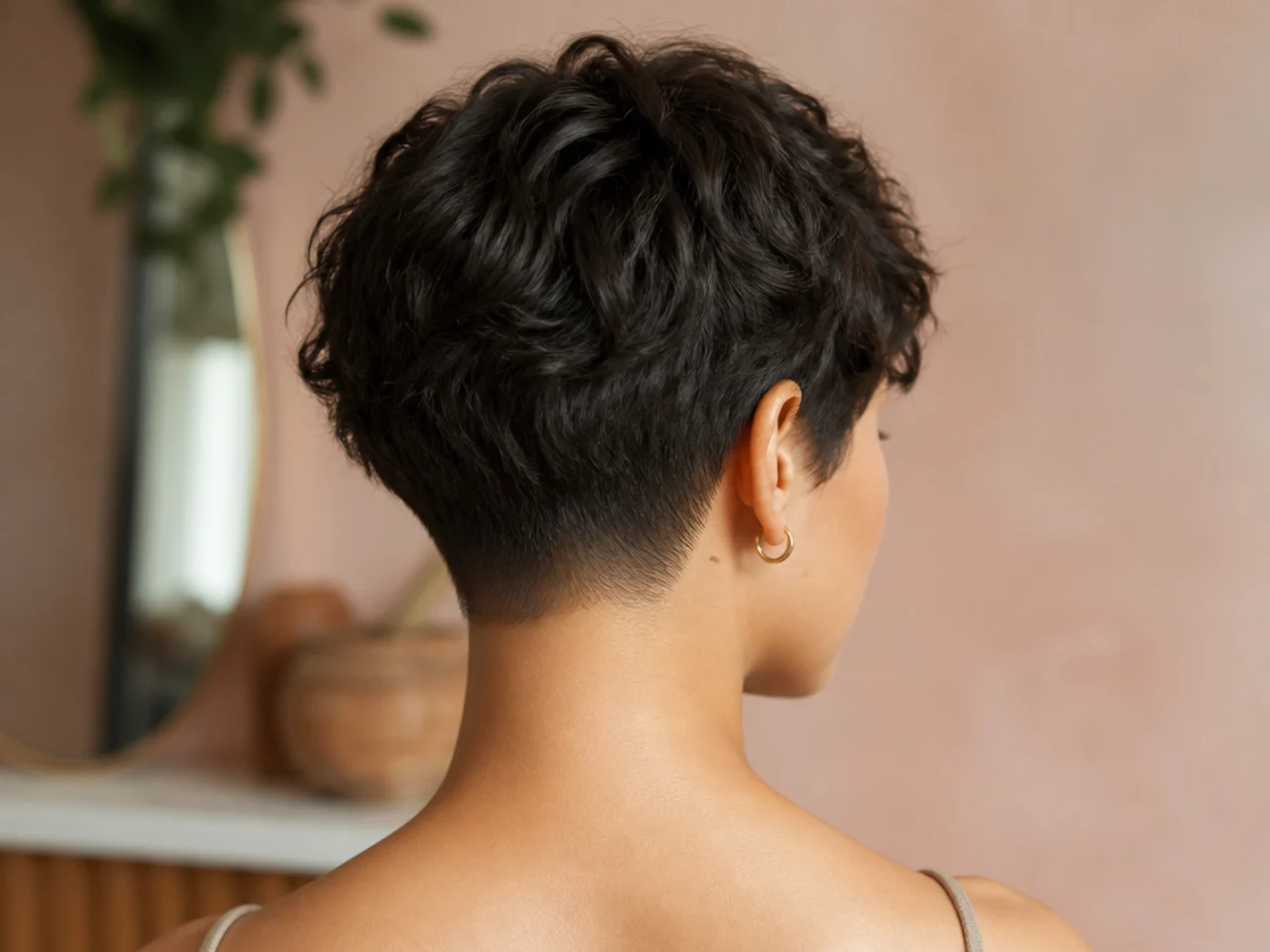 Rear view of a short cut with a cleaned close cut nape above the collar