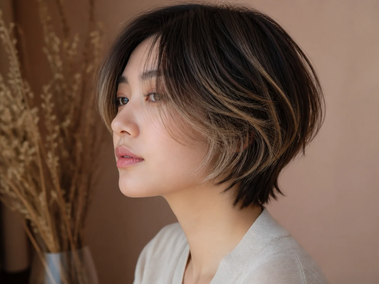 Short layered hair with dark roots melting into lighter mid lengths and ends