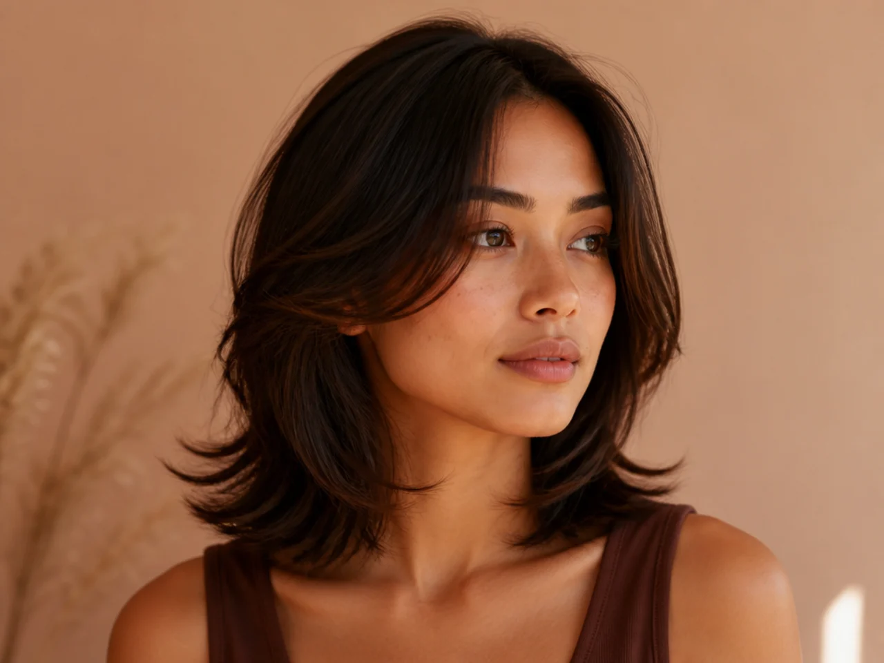 Hair ending at the collarbone with three visible layer tiers and no fringe