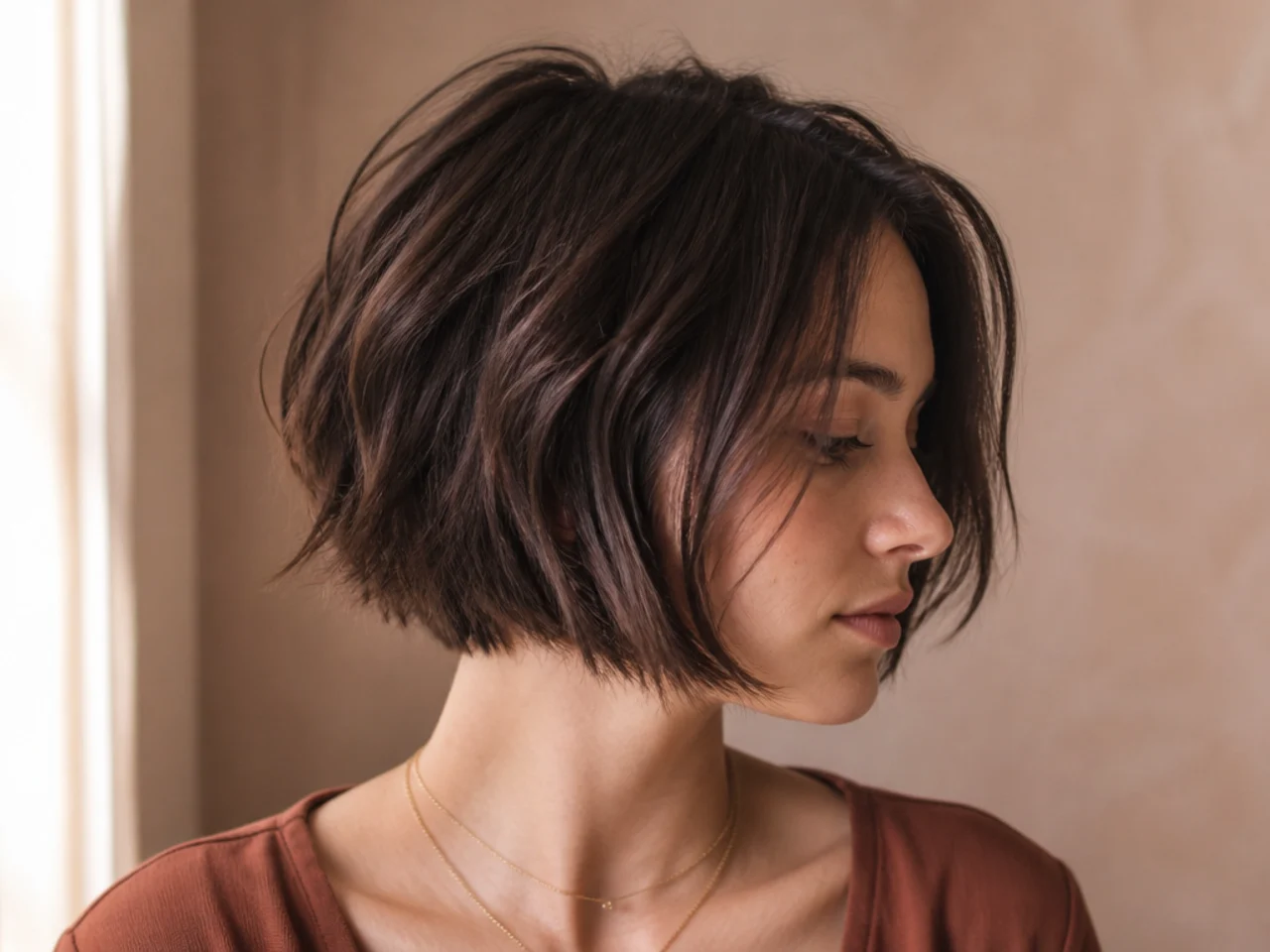 Blunt edged bob with choppy short layers lifting through the crown