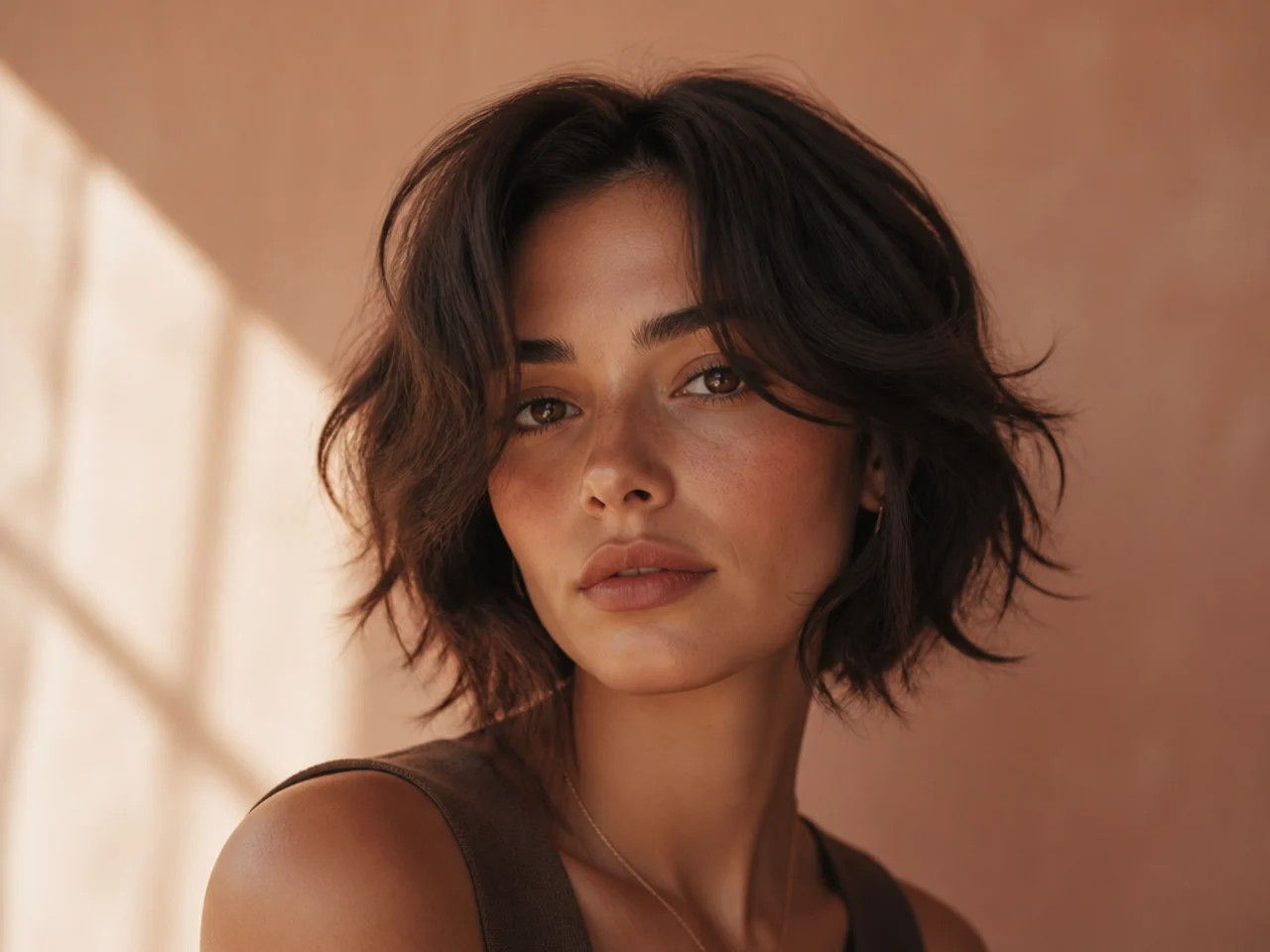 Soft shaggy bob with layers running through the mid lengths and an open forehead