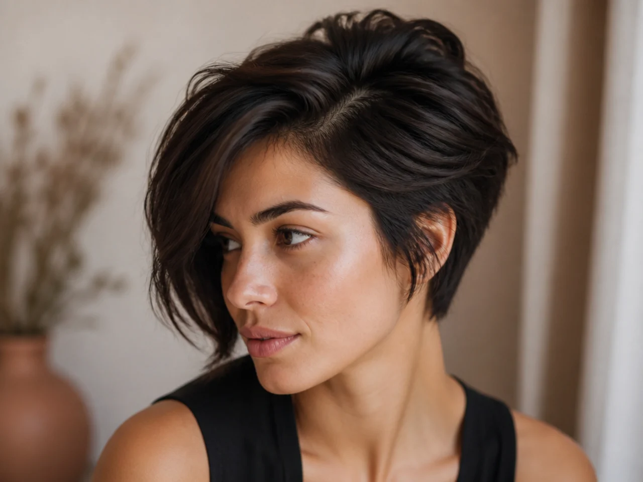 Short layered cut with a side parting and lifted volume at the crown