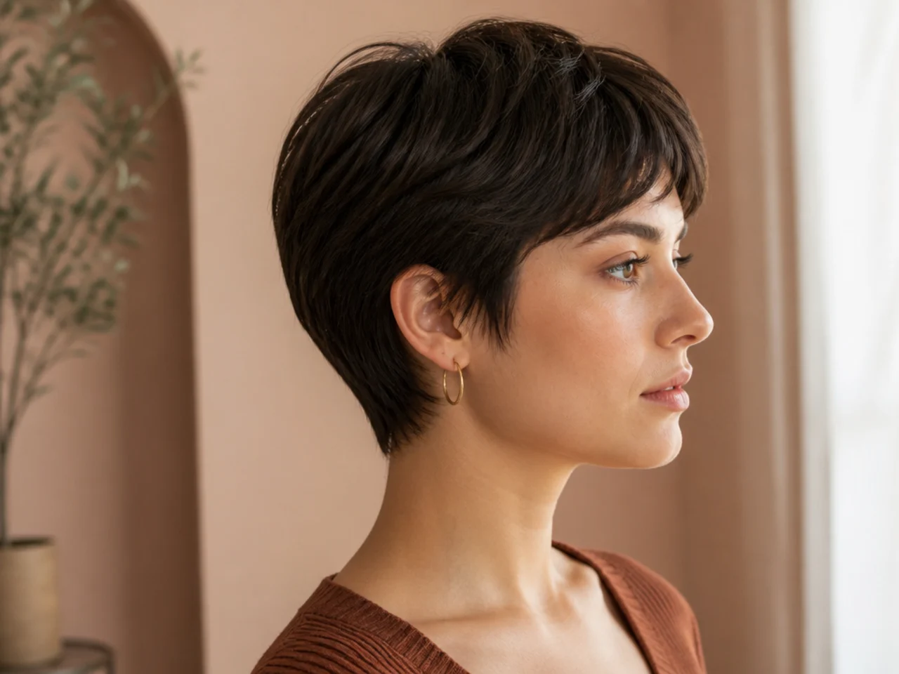 Gently layered short cut with a smooth crown and no strong disconnection
