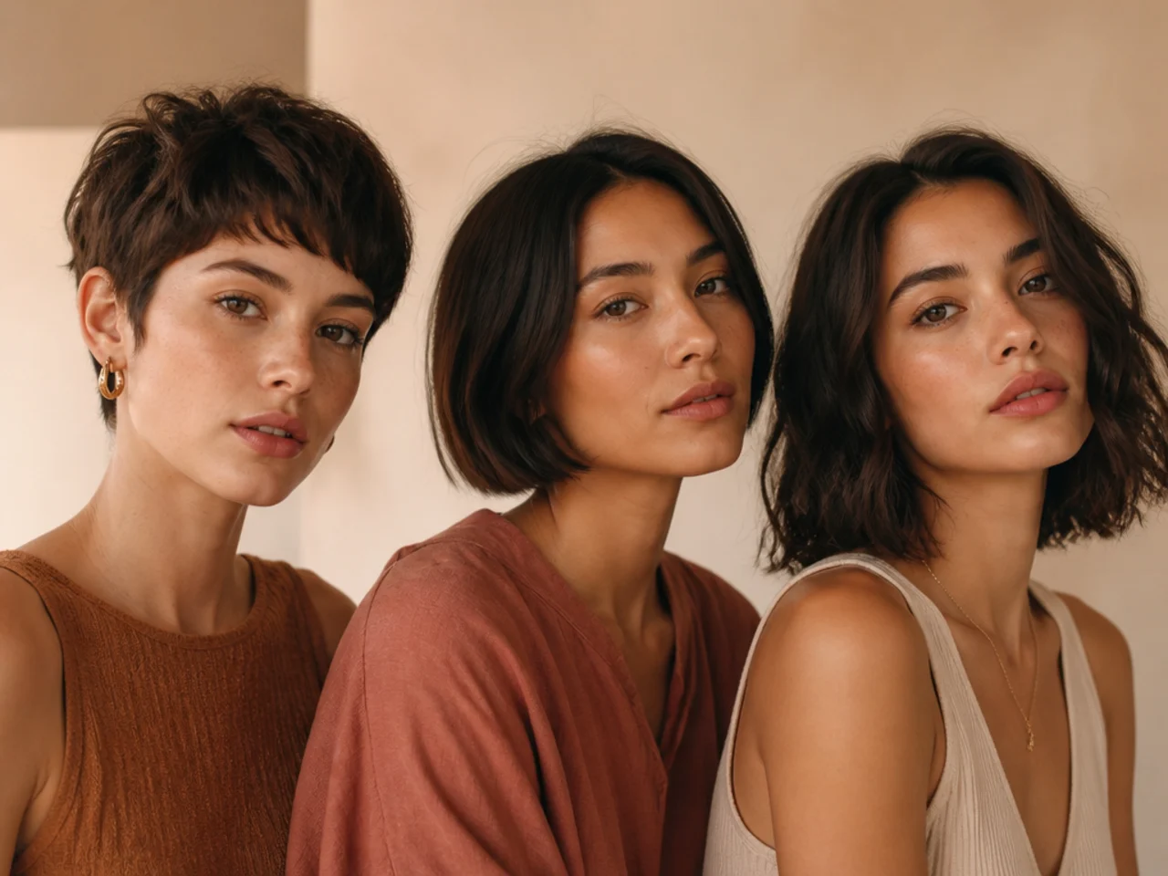 Three short haircuts side by side ending at chin, jaw and collarbone