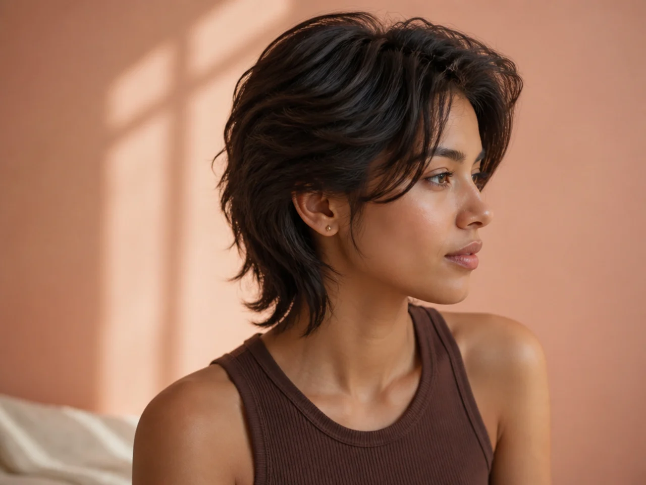Three quarter view of a short layered wolf cut with no fringe