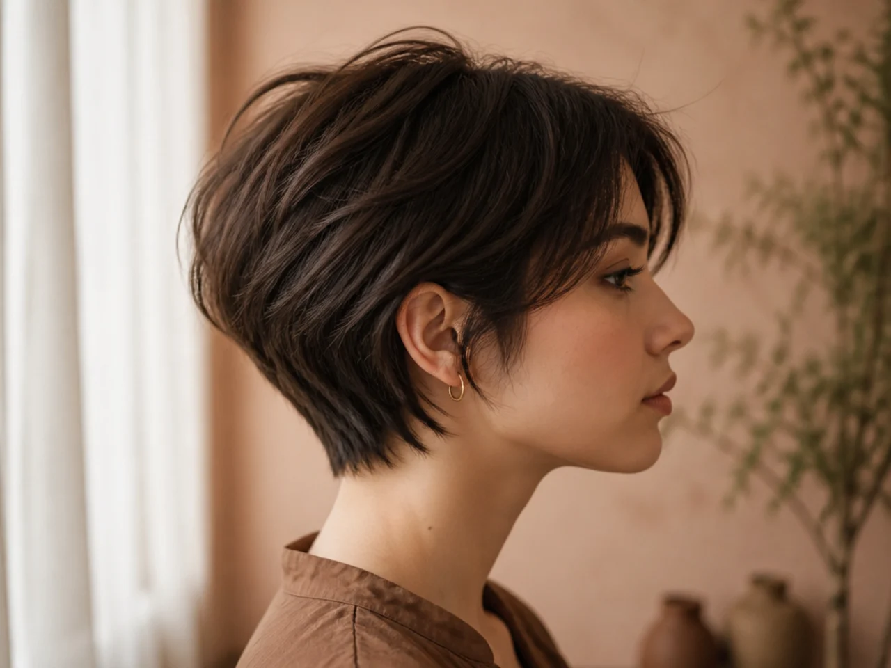 Side view of a short layered cut showing the short crown section sitting above the perimeter