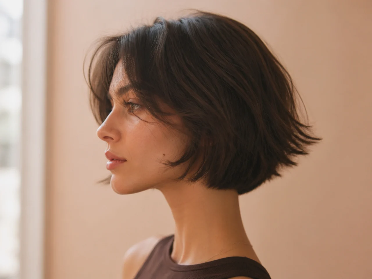 A short cut with a wide triangular silhouette and thin wispy ends