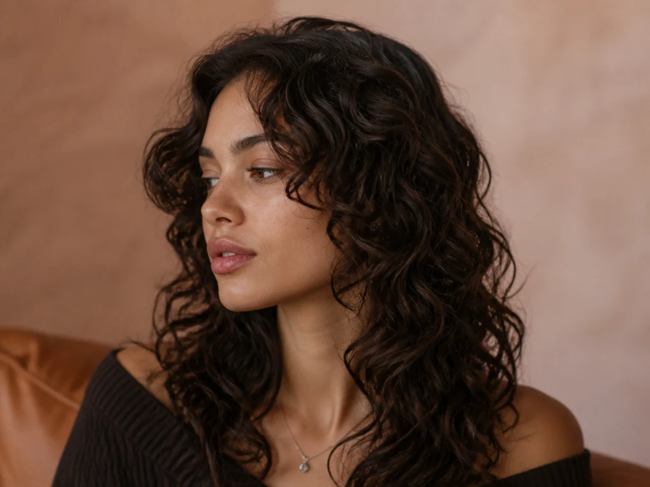 A curly wolf cut with no fringe and face framing layers starting at the cheekbone