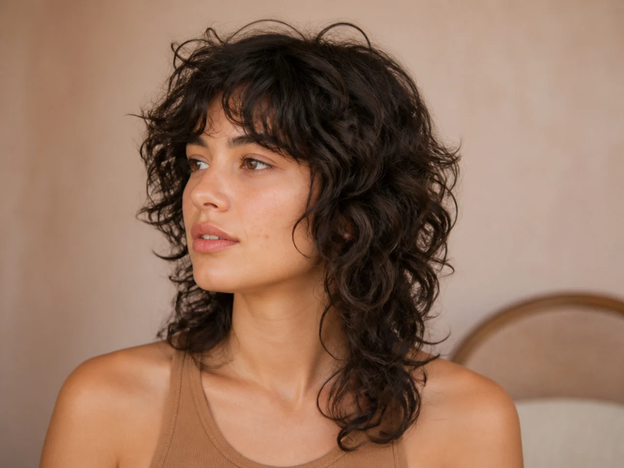 A fine curly wolf cut with soft conservative layering at the crown