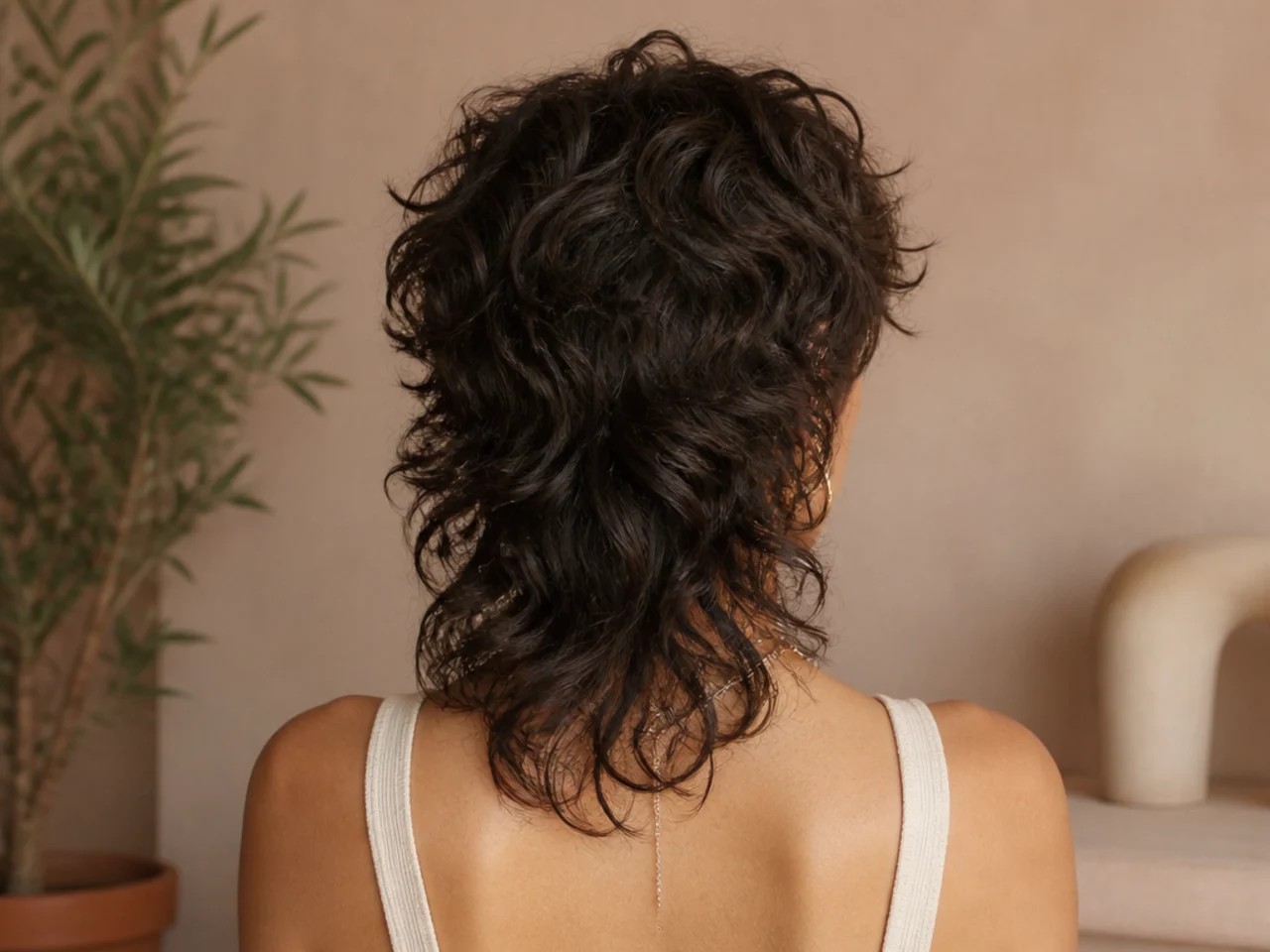 Back view of a curly wolf cut with a softly tapered nape