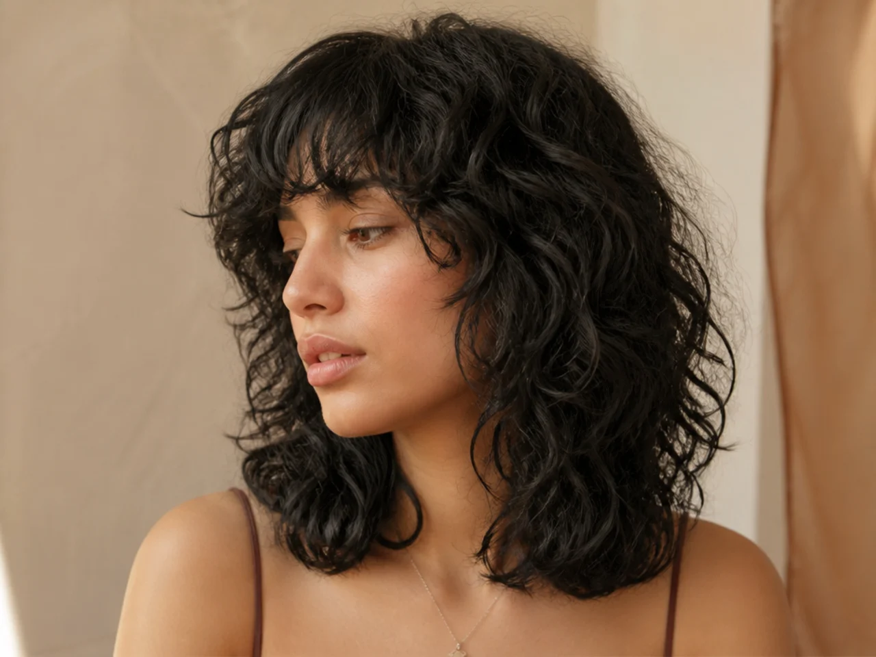 A curly wolf cut with a heavy blunt bottom line at the shoulders