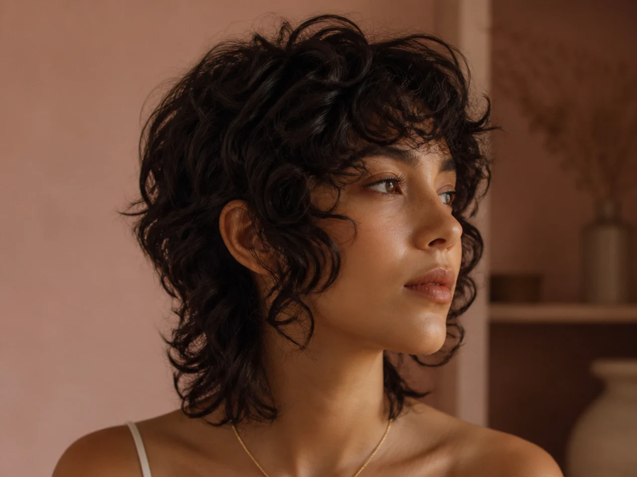 Short curly pieces framing the temples and cheekbones on a wolf cut