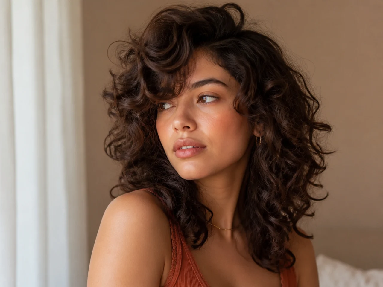 A curly wolf cut parted deeply to one side with lift at the root