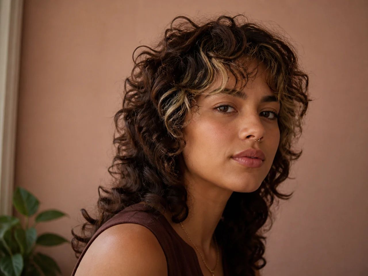 A curly wolf cut with two lightened sections at the front hairline
