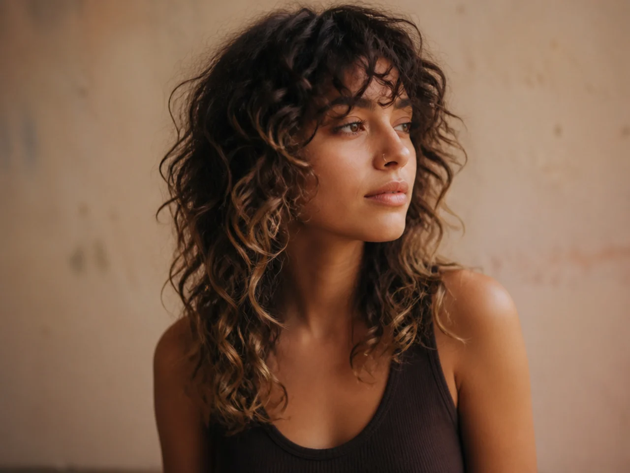 A curly wolf cut with lightened balayage through the mid lengths and ends