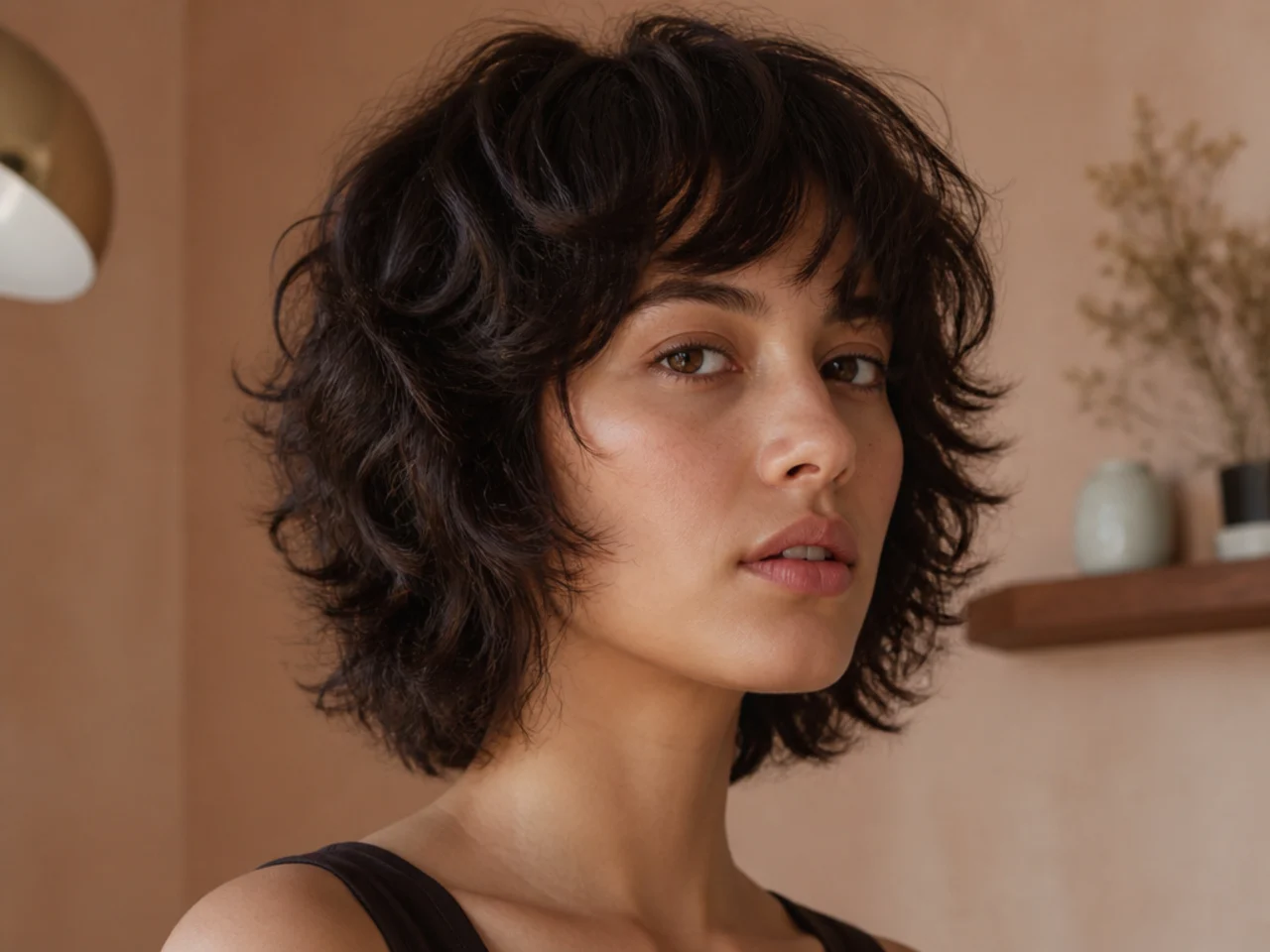 A chin length curly wolf cut with a blunt bottom line and lifted crown
