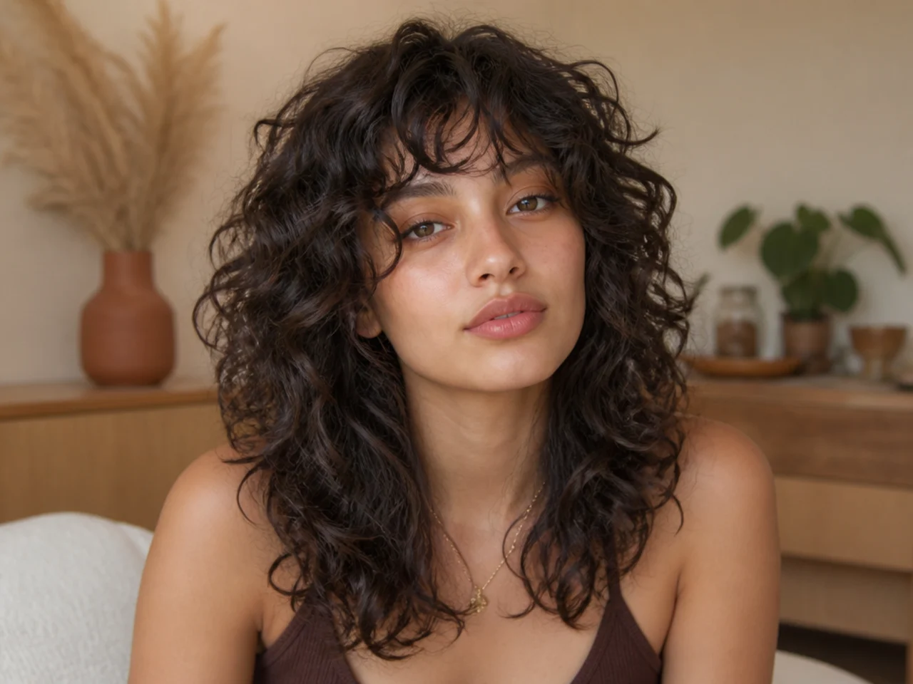 A grown out curly wolf cut with softened layers four months after cutting