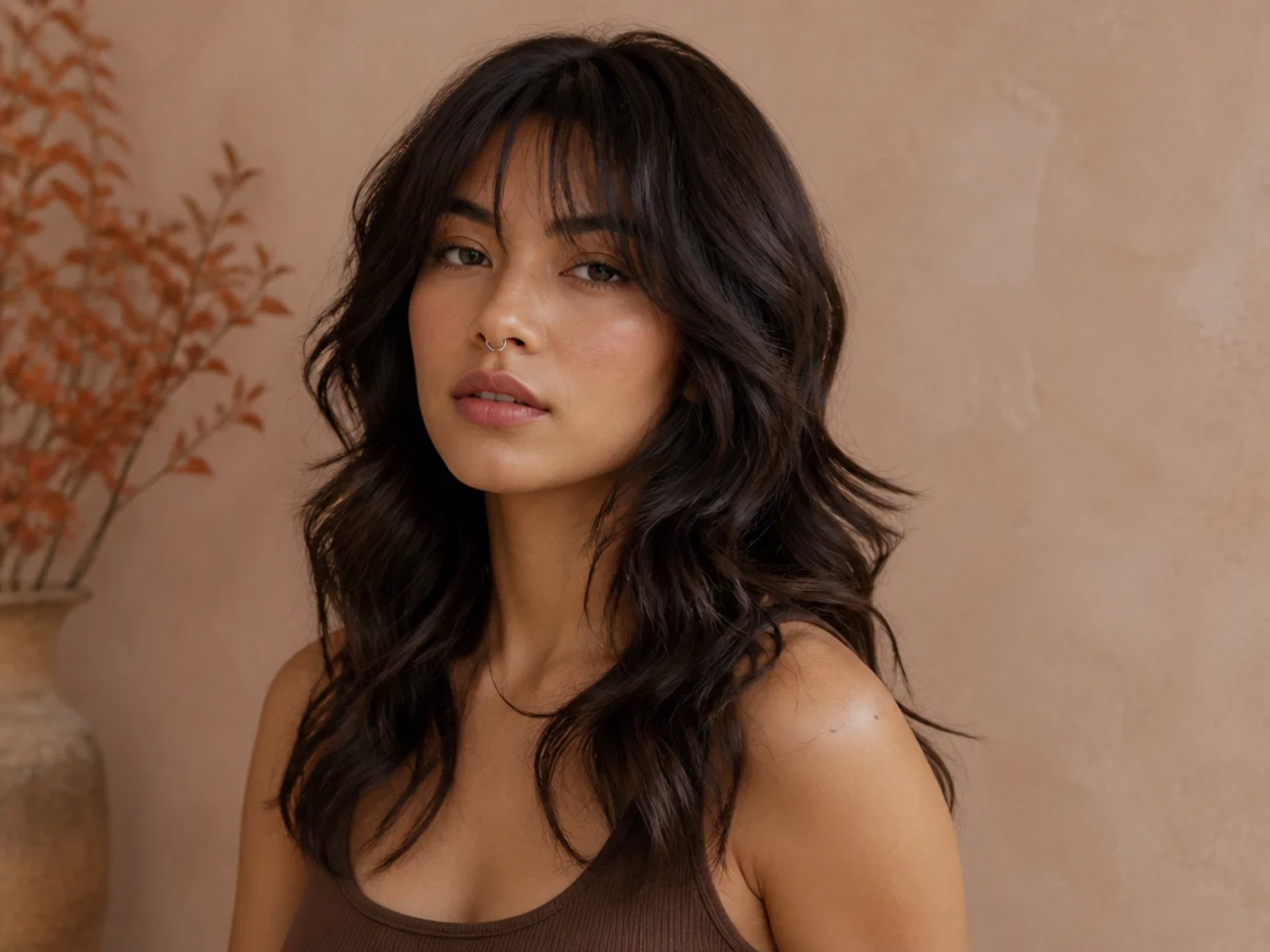 Loose S shaped waves cut into a wolf cut with short crown layers